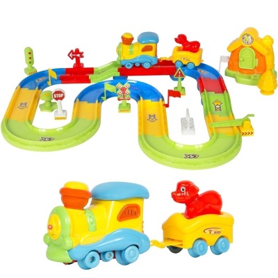 Kids Electric Train Track Car Toy Set w/ Puppy, Traffic Signs, Stickers, Lights, Sounds