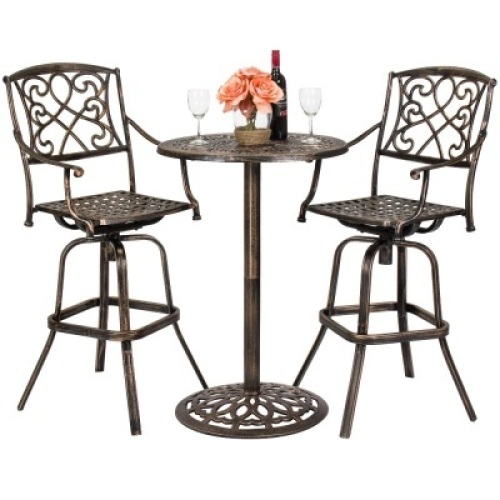 3-Piece Outdoor Cast Aluminum Bar Height Patio Bistro Set w/ 360-Swivel Chairs