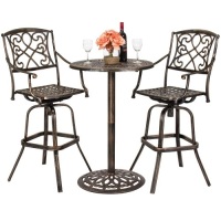 3-Piece Outdoor Cast Aluminum Bar Height Patio Bistro Set w/ 360-Swivel Chairs