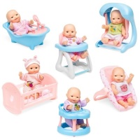 Set of 6 Mini Baby Dolls Toy w/ Cradle, High Chair, Walker, Swing, Bathtub, Infant Seat