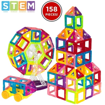 Lot of (2) 158-Piece Kids Mini Clear Magnetic Building Block Tile Toy Set for Education, STEM  