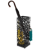 Entryway Modern Square Metal Umbrella Storage Stand w/ 2 Hooks, Drain Tray