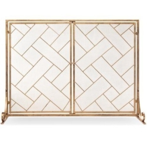 2-Panel Wrought Iron Geometric Fireplace Screen w/ Magnetic Doors&nbsp;