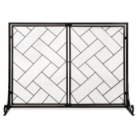 2-Panel Wrought Iron Geometric Fireplace Screen w/ Magnetic Doors&nbsp;