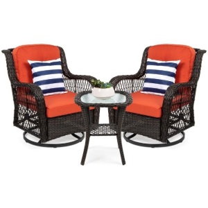 3-Piece Patio Wicker Bistro Furniture Set w/ 2 Swivel Rocking Chairs, Table 