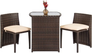 3-Piece Patio Wicker Bistro Set for Small Spaces with Glass Top Table and 2 Chairs 