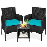3-Piece Outdoor Patio Wicker Bistro Set w/ Side Storage Table