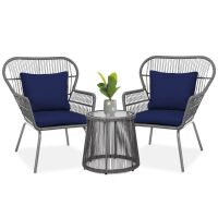3-Piece Patio Wicker Conversation Bistro Set w/ 2 Chairs, Glass Top Table