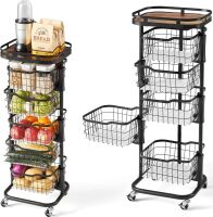 5 Tier Kitchen Fruit Vegetable Storage Cart with One-Piece Rotating Basket, Pantry Organizer Shelf Rack Floor Stand for Veggie Onion Potato Produce Spice, Rolling Snack Cart on Wheels, Black