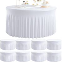 8 Pack White Round Spandex Tablecloth for 60 inch Table, Wrinkle Free Stretchy 120inch Fitted 5FT Round Table Cloths Cover with Skirt for Wedding Birthday Party Dining Banquet Thanksgiving Events
