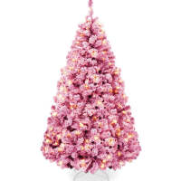Prelit Pink Christmas Tree, Snow Flocked Full Holiday Decor w/ Metal Base 4.5ft