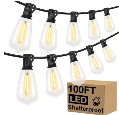 Angel Sar 100 ft. 2700K Warm White LED Outdoor String Lights with 52 Shatterproof ST38 Vintage Edison Bulbs