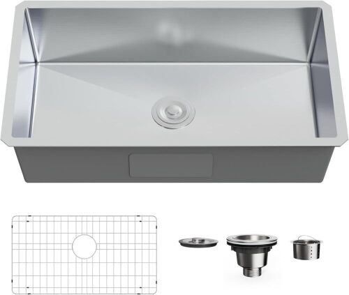 Undermount Single Bowl Kitchen Sink, 32&rdquo; x 19" Deep Sink with Drain Kit and Bottom Grid, Brushed