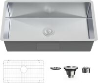 Undermount Single Bowl Kitchen Sink, 32&rdquo; x 19" Deep Sink with Drain Kit and Bottom Grid, Brushed