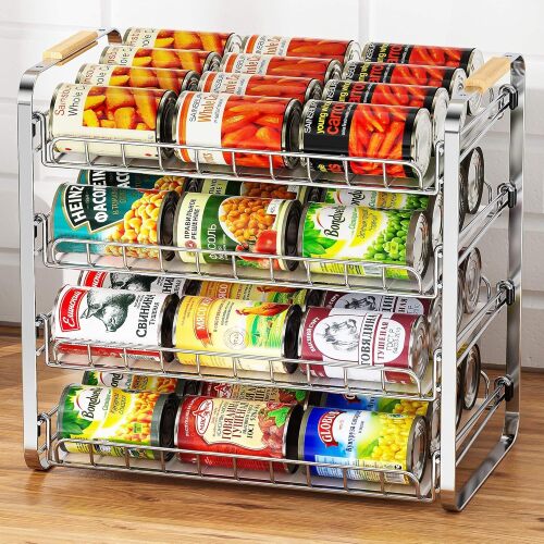 MAXIFFE 4 Tier Can Organizer for Pantry, 16.9" W&times;11.5" D&times;16.7" H, Space-Saving Adjustable Metal Hold 40 Standard 12-oz Cans Storage Rack Holder for Countertop Kitchen Soda Drinks Fruits, Chrome
