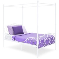 Classic 4-Post Metal Canopy Twin Bed Frame w/ Scroll Design, 79.5" x 42" x 72", White - Appears New&nbsp;