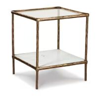 Ryandale 21 in. Antique Brass Square Glass End Table with Marble Shelf