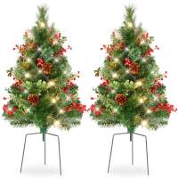Set of 2 Pre-Lit Pathway Christmas Trees w/ Pine Cones, Timer - 24.5in