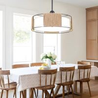 19.7" Boho Rattan Chandelier, 5-Light Dining Room Chandelier, Rustic Chandelier with Fabric Lampshade, Suitable for Farmhouse Dining Room, Living Room, Kitchen Bedroom, Hallway Stairs Hanging