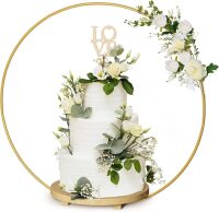 Wedding Cake Stand 16 Inch Round - Rustic Wooden Base Cake Display Stand with Gold Metal Floral Centerpiece, Cake Table for 3 Tiered Cake, Desserts Stand for Party, Cupcakes Stands for Dessert Display, Screws Included