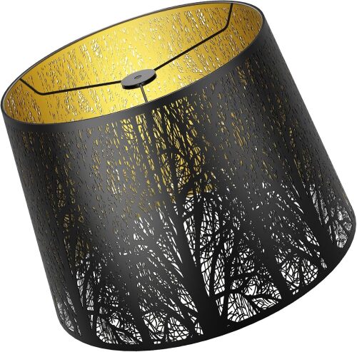 Large Metal Etching Lamp Shade, 12x14x10 inches, SWAIFDEE Big Barrel Lampshades for Table Lamp and Floor Light, Tree Pattern Design, Black and Bronze