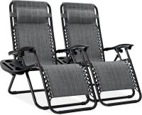 Set of 2 Adjustable Steel Mesh Zero Gravity Lounge Chair Recliners w/Pillows and Cup Holder Trays - Gray