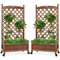 Set of 2 Wood Planter Box & Lattice Trellis w/ Optional Wheels - 48in