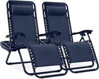 Adjustable Steel Mesh Zero Gravity Lounge Chair Recliners w/Pillows and Cup Holder Trays - Navy