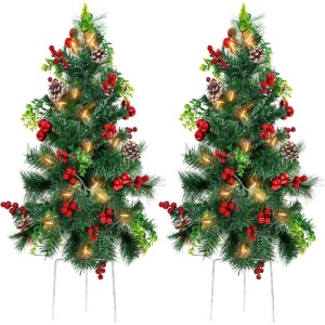 24.5in Pre-Lit Pathway Christmas Trees w/ Pine Cones, Ornaments, Set of 2 