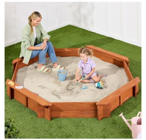 Kid's Wooden Octagonal Sandbox w/ Sand Cover, 4 Reinforced Benches, 8 Seats