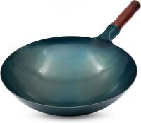 Traditional Hand Hammered Carbon Steel Wok,14 Inch, Round Bottom, Roasted Blue