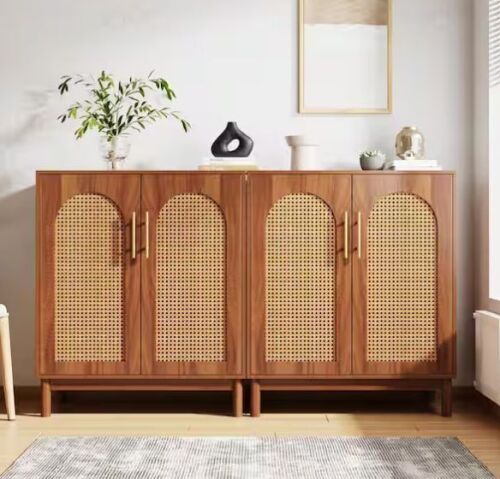 Alan Brown Wood 59 in. Sideboard Buffet Cabinet with Rattan 4-Doors - No Instructions