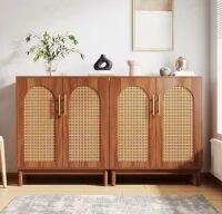 Alan Brown Wood 59 in. Sideboard Buffet Cabinet with Rattan 4-Doors - No Instructions