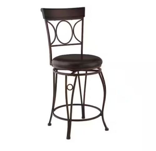 Linon Home Decor Henry Circle Back 24.25 in. Brown High Back Metal Counter Stool with Faux Leather Seat