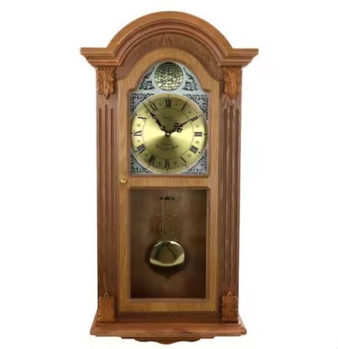 Bedford Clock Collection Honey Oak Chiming Pendulum Wall Clock