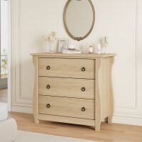 3 Drawer Boho Dresser with Rattan Accents and Curved Legs Compact Storage Cabinet for Bedroom