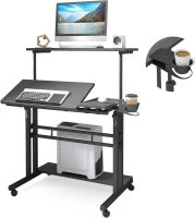 Mobile Standing Desk, Adjustable Rolling Computer Desk with 3 Desktops, Portable Laptop Table with Cup Holder, Home Office Laptop Workstation on Lockable Wheels