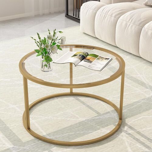 Round Gold Coffee Table for Small Space - Small Knick on Edge of Glass
