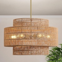 24&rdquo; Boho Rattan Chandelier Light Fixture, 6-Light