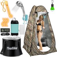 Portable Hot Shower for Camping Shower Tent Kit, 1000W Immersion Heater, Rechargeable Camping Shower Pump, Pop Up Shower Tent with 6.6 Gallons Folding Bucket for Adults Outdoor