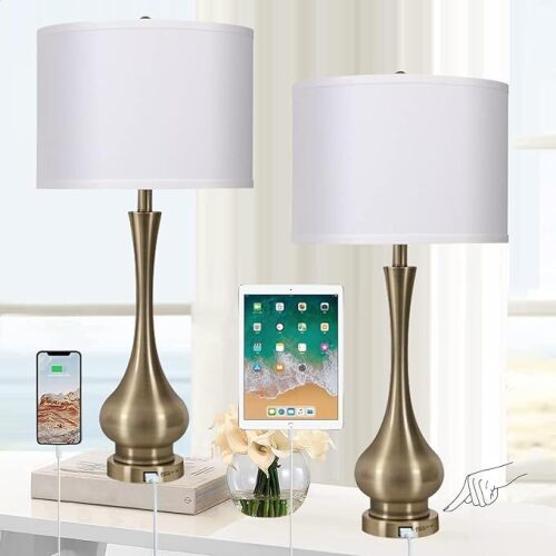 Touch Lamp for Bedrooms Set of 2, 3-Way Dimmable Nightstand Lamp Sets with Linen Fabric Shade, Bedside Lamp with USB Port & E26 Socket, Modern Tall Table Lamp for Bedroom, Living Room, Office