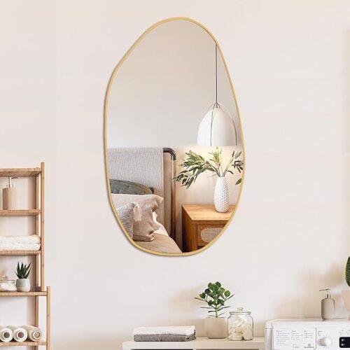 Irregular Wall Mirror Asymmetrical Mirror, Decorative Wall Mirror Golden Wood Framed, Wall Mounted Mirror for Bathroom Living Room Entryway Bedroom Hallway