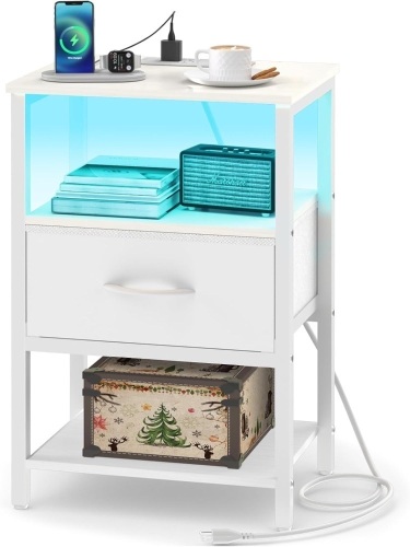 White Night Stand with Fabric Drawer