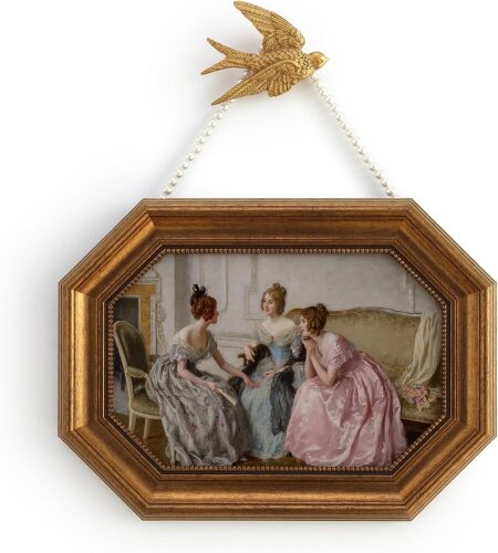 Zelvix Vintage Wall Art Framed, Gold Framed Wall Art Decor, Gossip Classical Vintage Painting Prints, 8"x12" Picture Frame for Living Room Bathroom Kitchen Bedroom