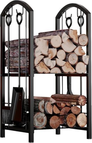 Fire Beauty Fireplace Firewood Log Rack 5-Piece Storage Logs Holder with Tools Set with 4 Tools Set Fireside Holders Wood Lumber Storage Stacking Black