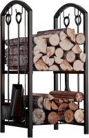 Fire Beauty Fireplace Firewood Log Rack 5-Piece Storage Logs Holder with Tools Set with 4 Tools Set Fireside Holders Wood Lumber Storage Stacking Black