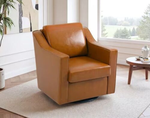 Uixe Light Brown Faux Leather Upholstered Swivel Accent Barrel Chair