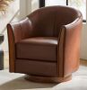 JAYDEN CREATION Cristina Brown 29 in. W Transitional Genuine Leather Swivel Barrel Arm Chair with Solid Wood Base