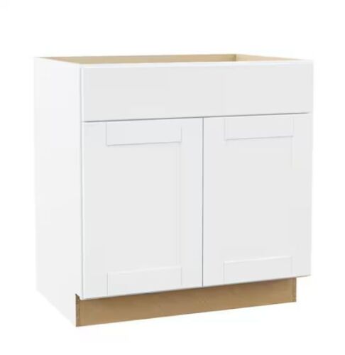 Hampton Bay Shaker 33 in. W x 24 in. D x 34.5 in. H Assembled Sink Base Cabinet in Satin White