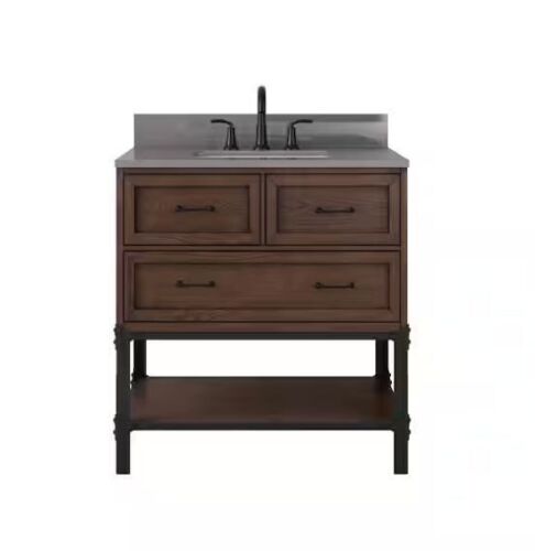Home Decorators Collection Alster 36 in. Single Sink Brown Oak Bath Vanity with Gray Quartz Marble Top